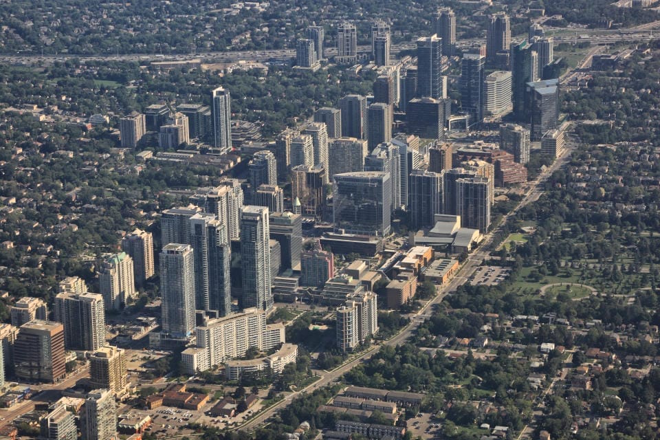 Elevated view of buildings in the city of Mississauga, Ontario, Canada. (Photo by Creative Touch Imaging Ltd./NurPhoto via Getty Images)